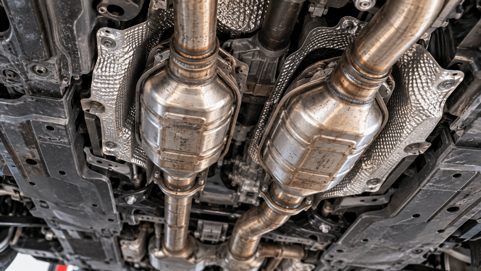 Close-up of catalytic converters installed under a vehicle