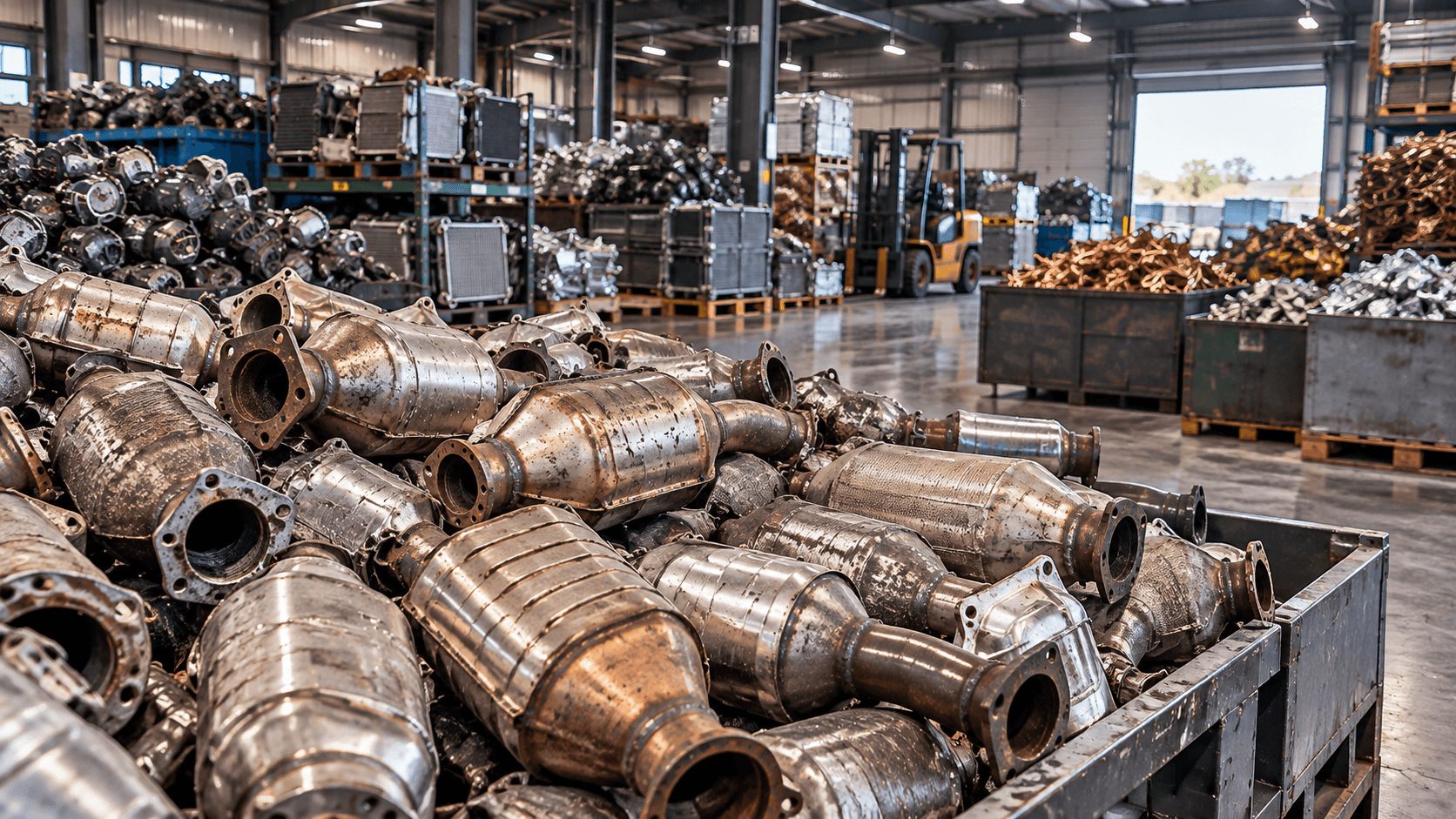 Inside the recycling warehouse with bins of catalytic converters, radiators, electric motors, and copper ready for processing